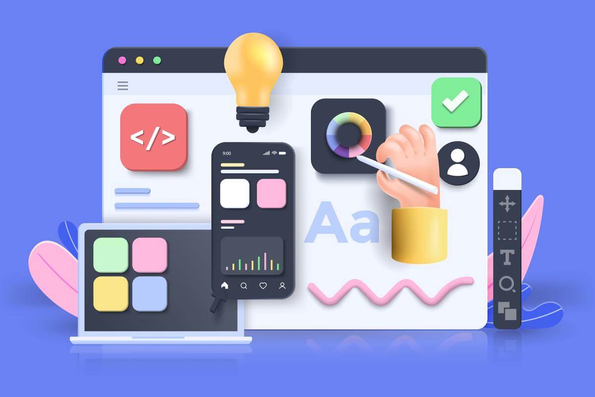 A circular diagram with four segments labeled as "Components", "Standards", "Tools", and "Practices". Each segment has a list of sub-items related to the design system. For example, the "Components" segment has sub-items such as "UI elements", "Icons", "Typography", and "Colors"