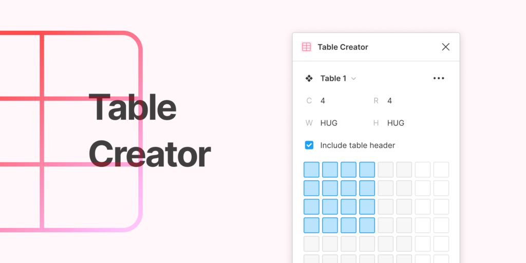Figma interface featuring Table Creator plugin usage.